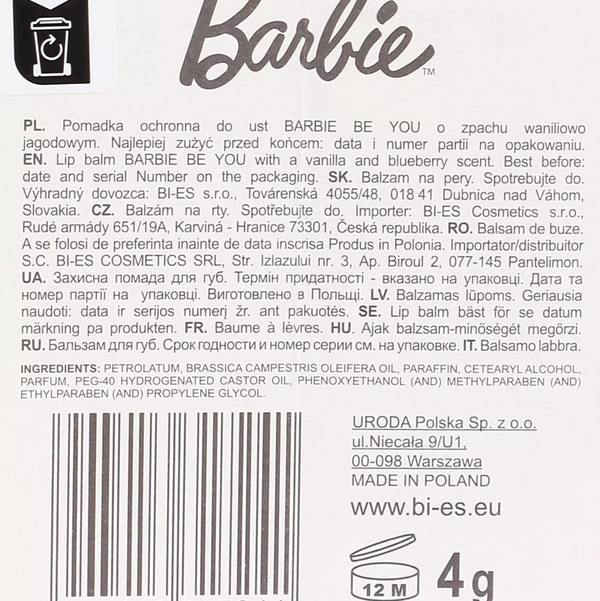 BARBIE Visage<Baume à lèvre Be You Vanille