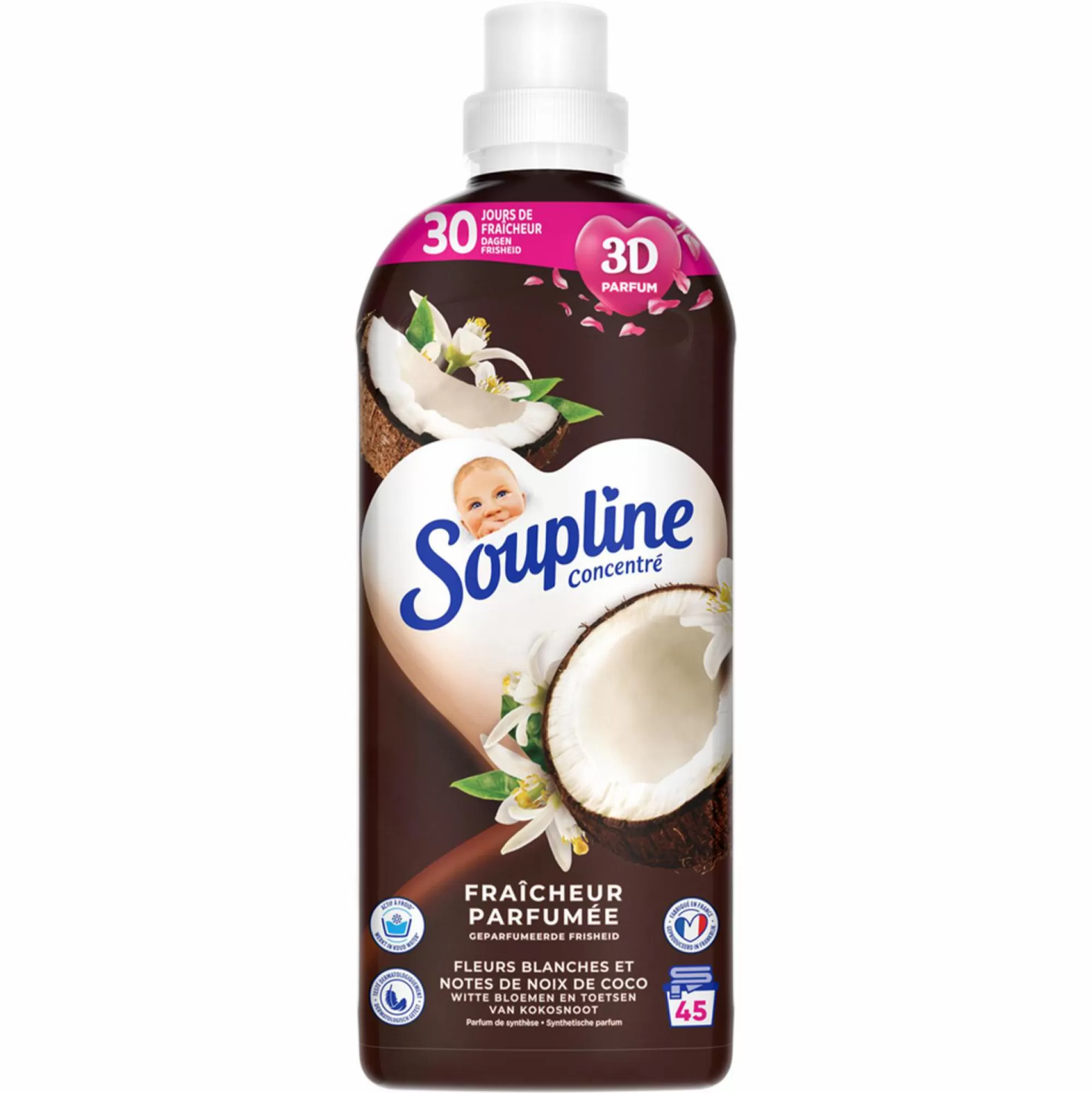 SOUPLINE Entretien Du Linge<45 doses d'adoucissant concentré fleurs blanches et coco