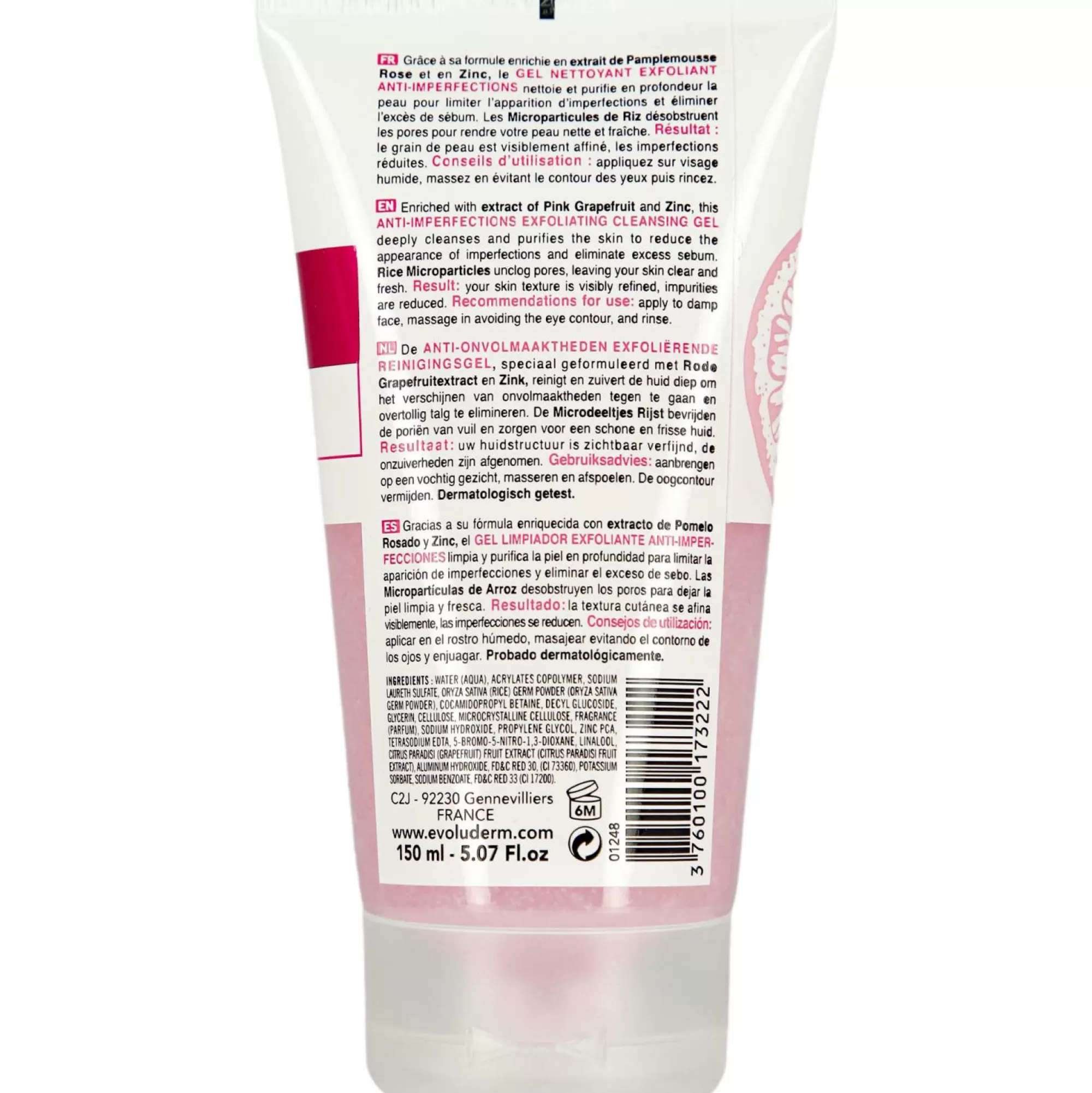 EVOLUDERM Visage<Gel nettoyant exfoliant pamplemousse rose