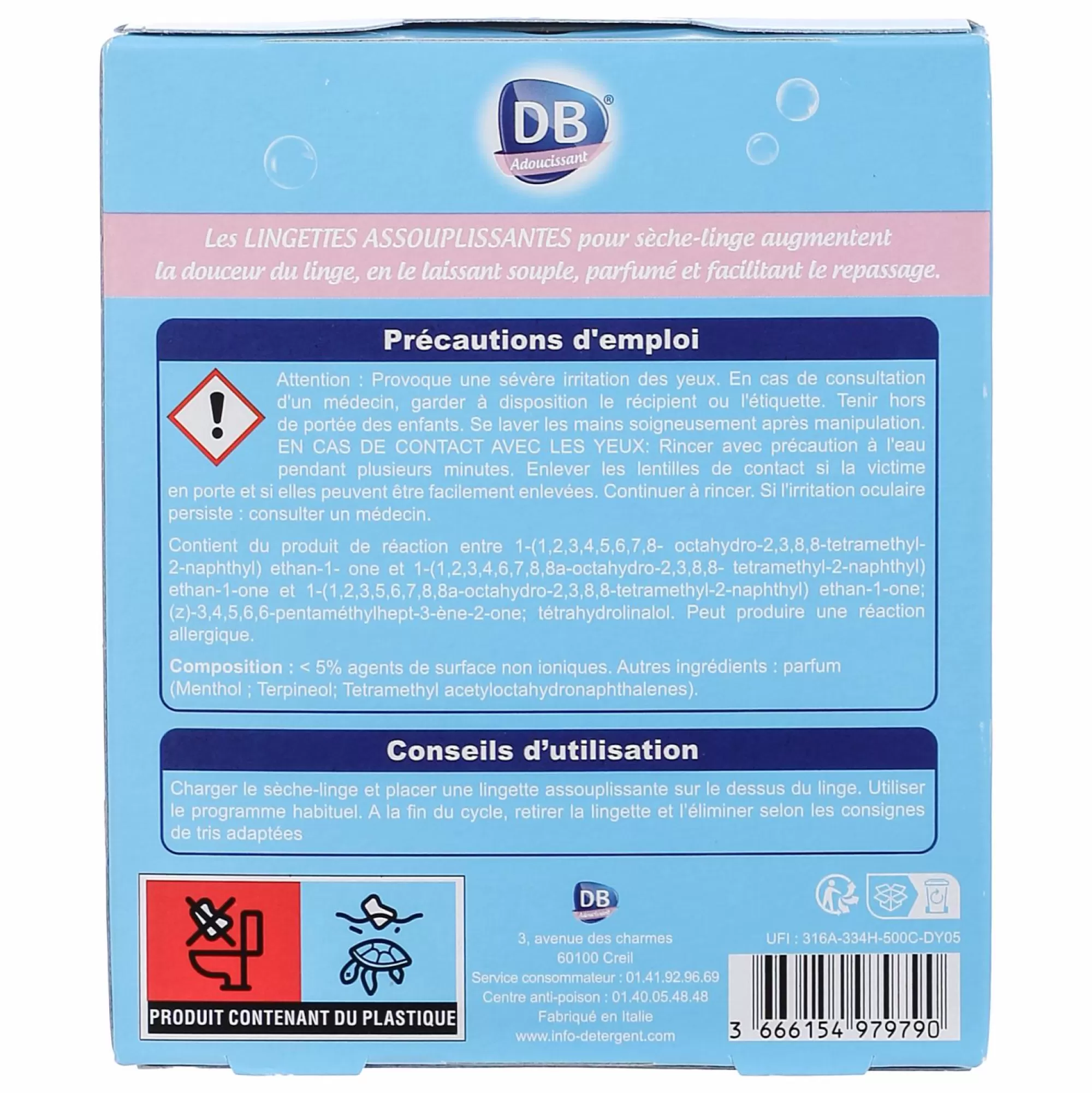 DB Entretien Du Linge<20 lingettes assouplissantes sèche-linge fraicheur