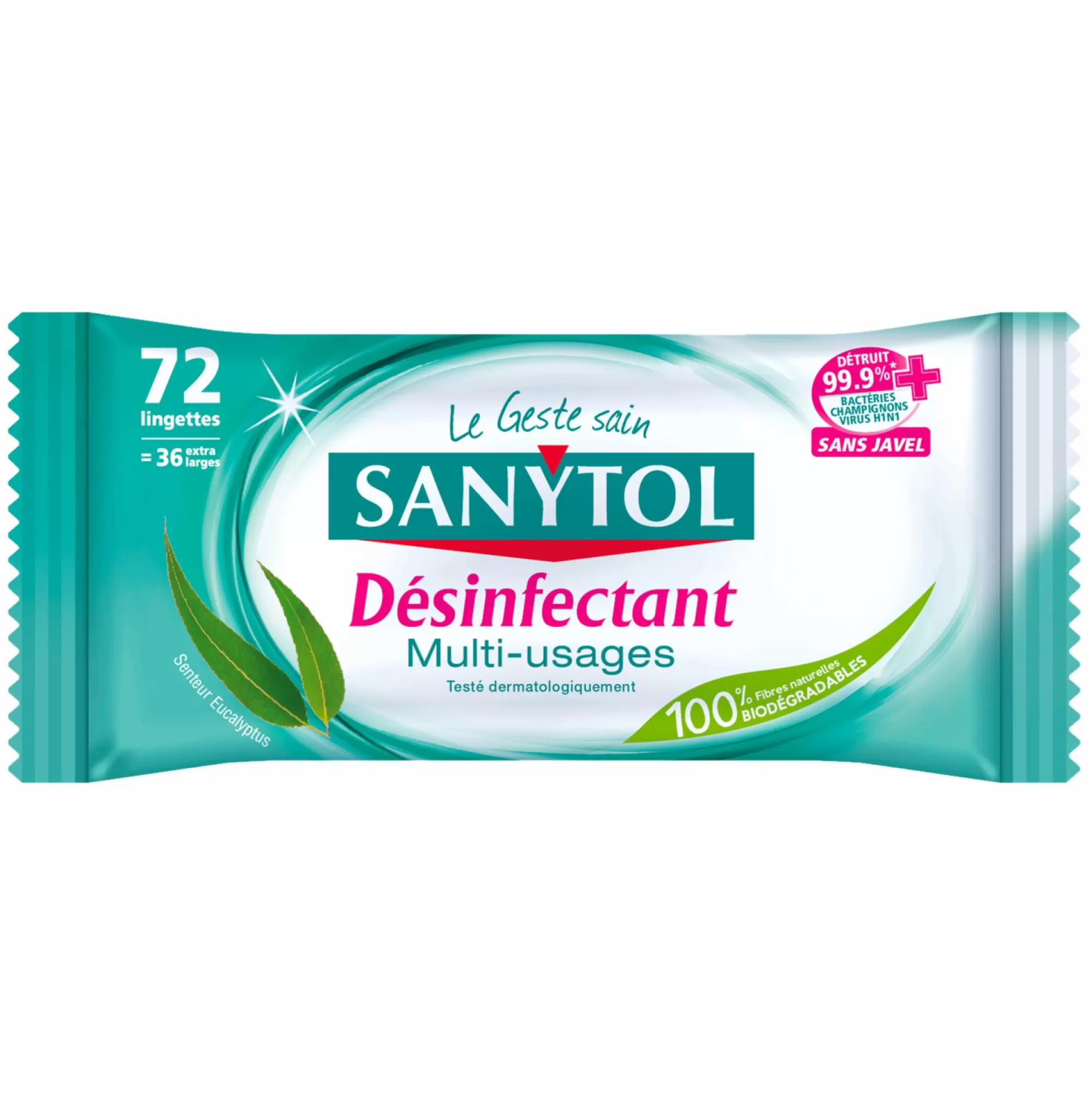 SANYTOL Produits Ménagers<72 lingettes désinfectantes eucalyptus