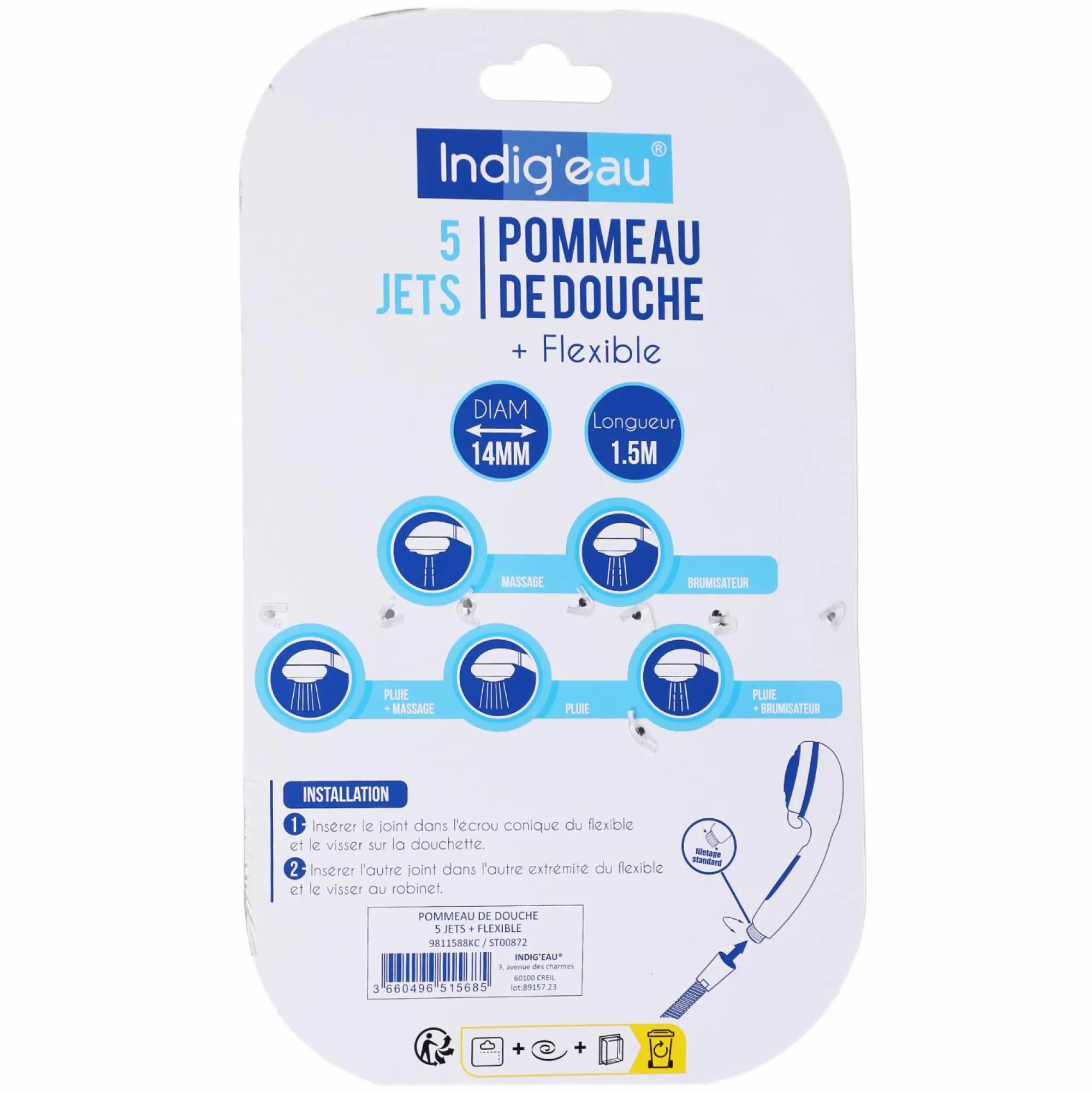 INDIG EAU Salle De Bain Et Wc<Pomme de douche 5 jets + flexible